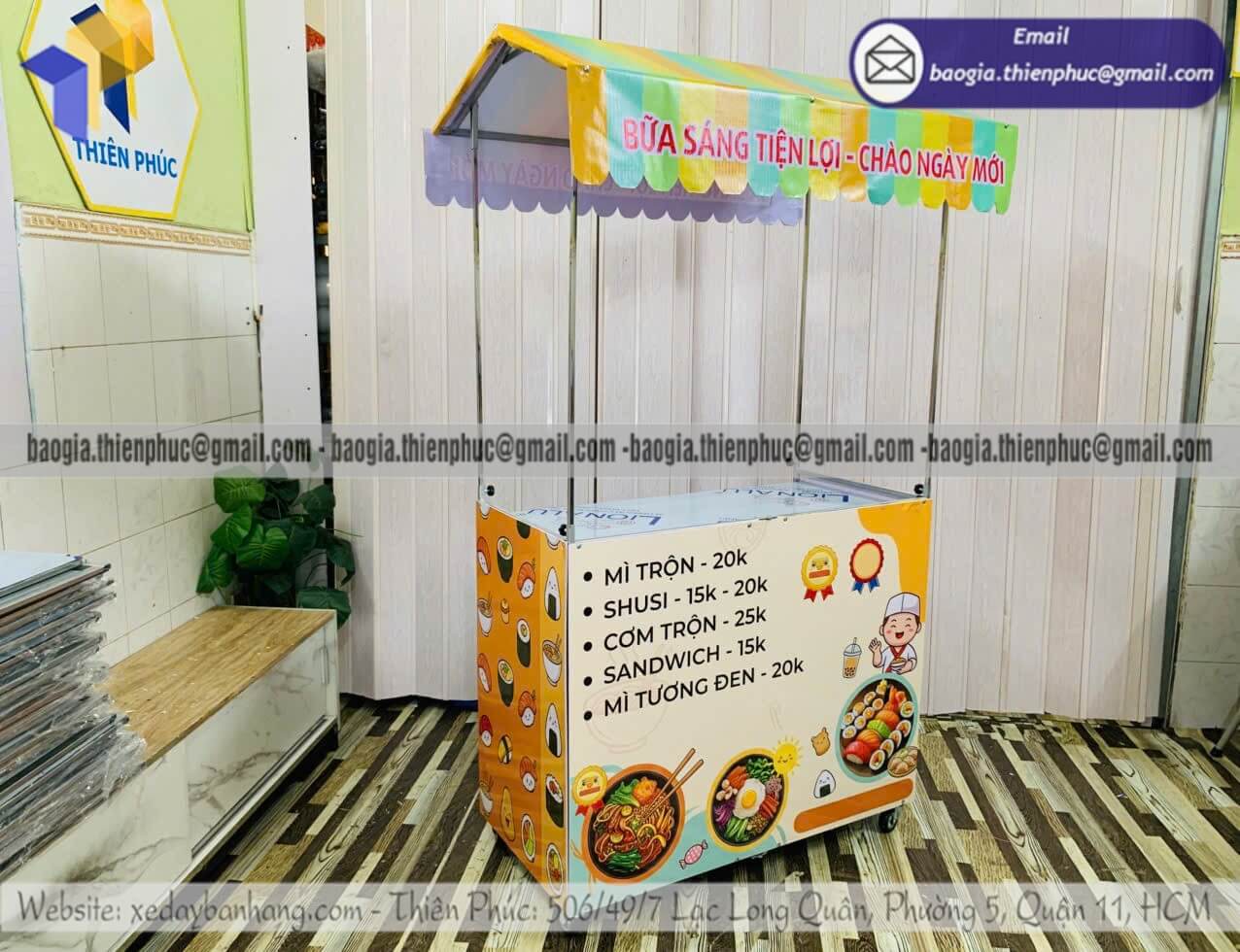 Giá xe lắp ráp bán đồ ăn sáng xếp gọn có mái che tphcm nhận thiết kế in logo thương hiệu