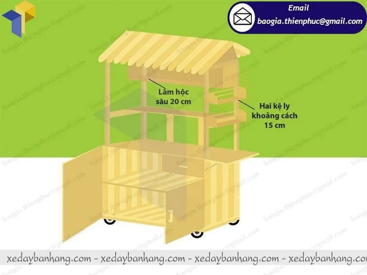 xe đẩy bán cơm cuộn bằng gỗ